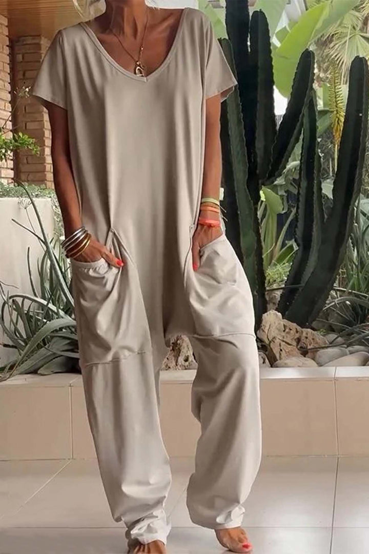Breezy | Dames V-hals Korte Mouw Losse Jumpsuit met Zakken