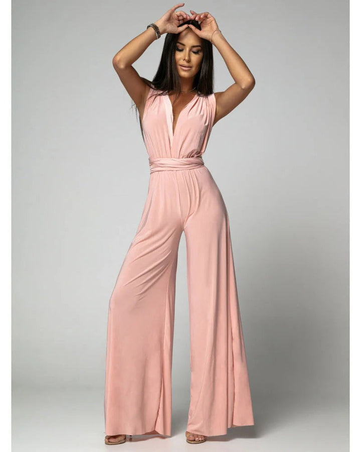 Blush | Dames Wijde Pijpen Jumpsuit Diepe V-Hals Wrap Tie Gelegenheid