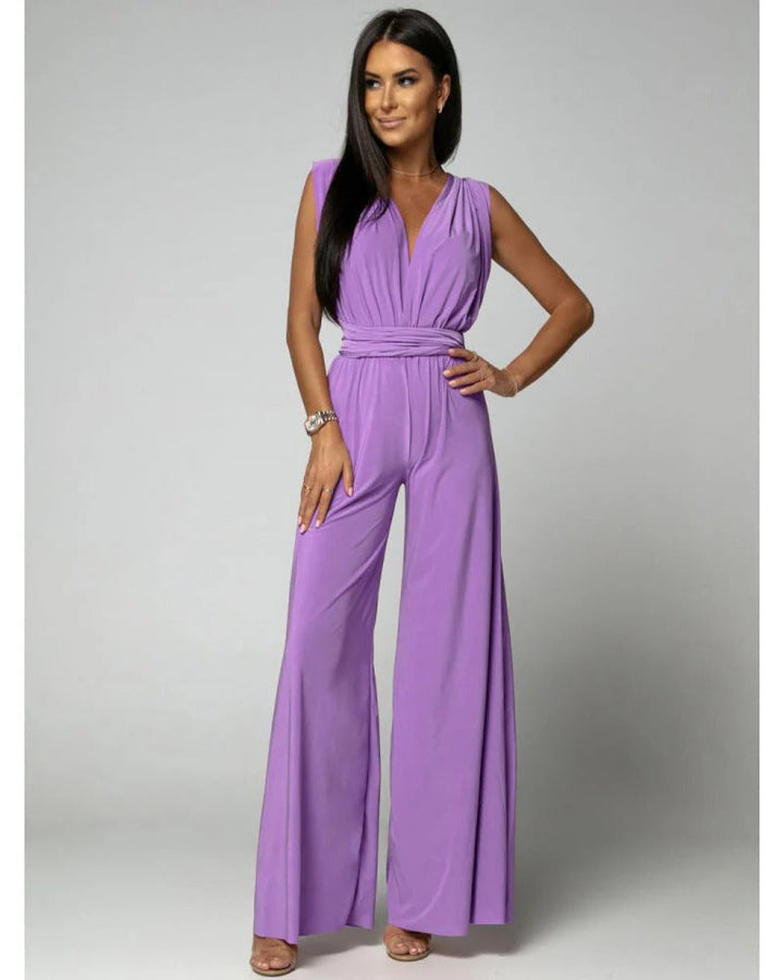 Blush | Dames Wijde Pijpen Jumpsuit Diepe V-Hals Wrap Tie Gelegenheid