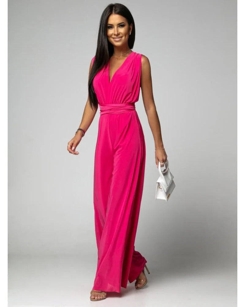 Blush | Dames Wijde Pijpen Jumpsuit Diepe V-Hals Wrap Tie Gelegenheid