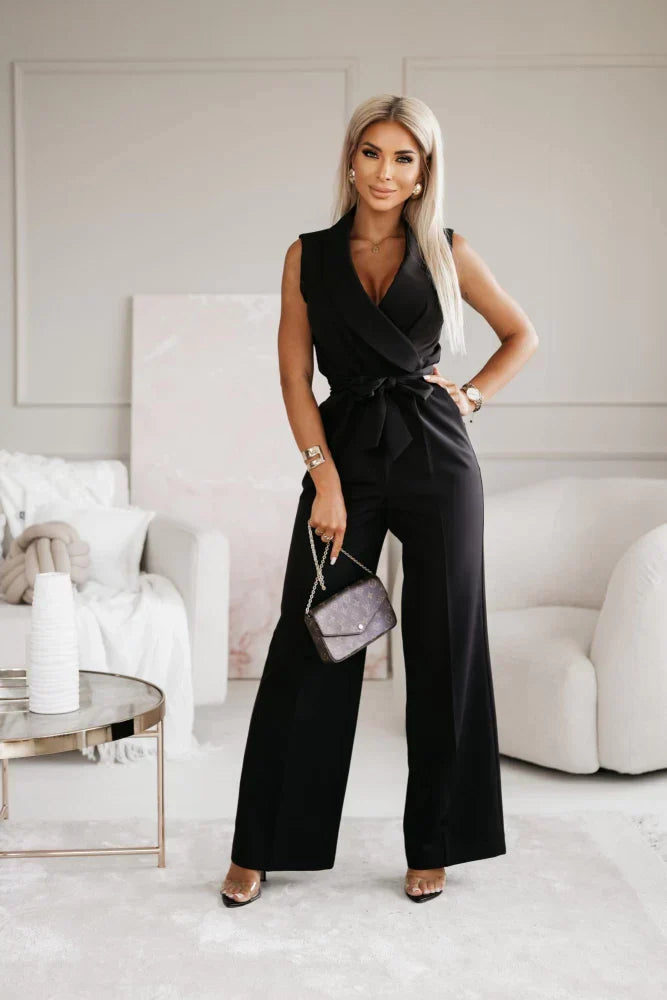 Eloise | Dames Mouwloze Wijde Pijpen Jumpsuit Met Wikkel V-Hals En Ceintuur