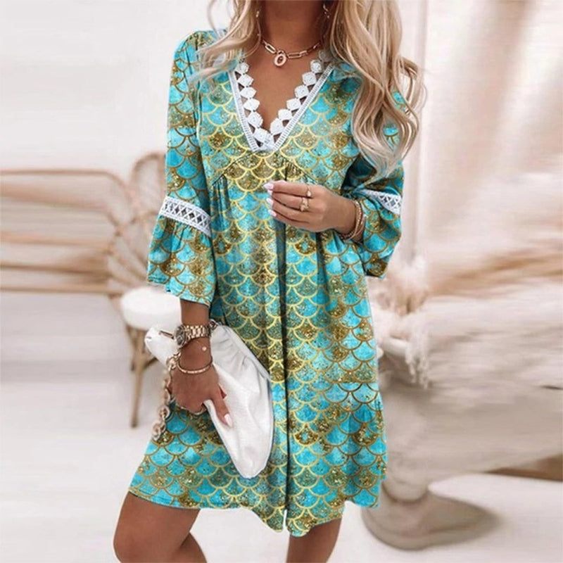 Penelope | Vrouwen Boho Losse Pas Geprinte Mini Jurk Avond
