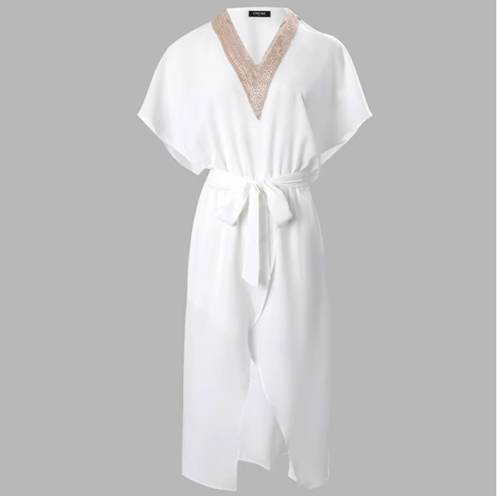 Lyra | Dames Witte Midi Jurk V-Hals Gouden Rand Korte Mouwen