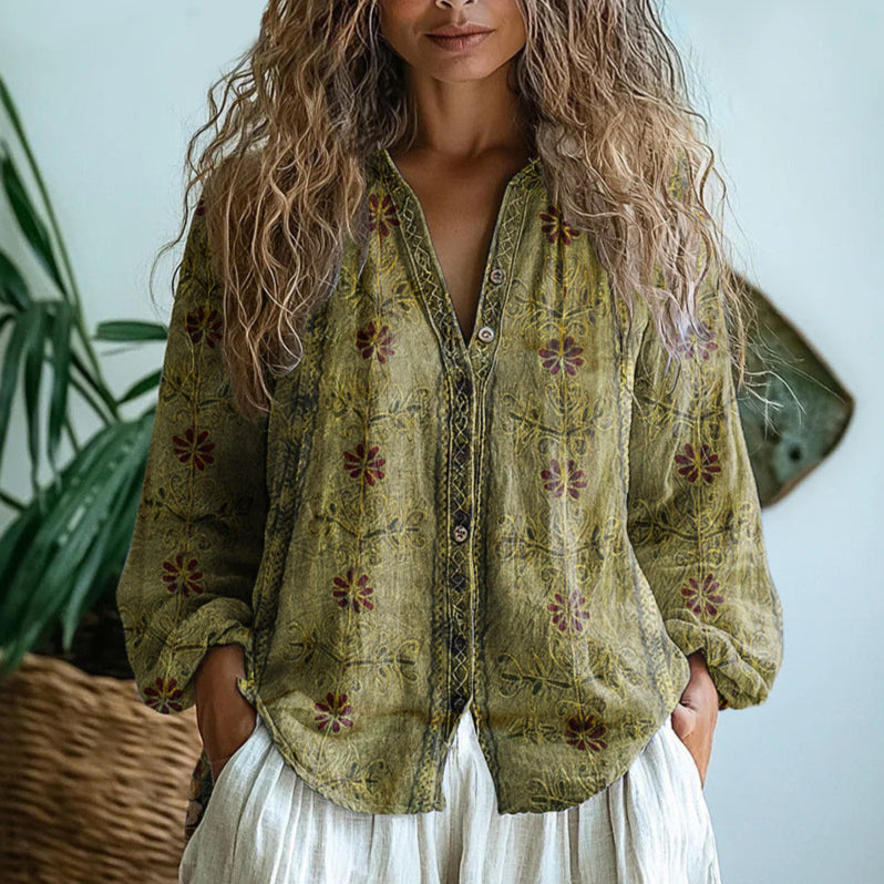 Verena | Elegante Vintage Bladerenprint Shirt