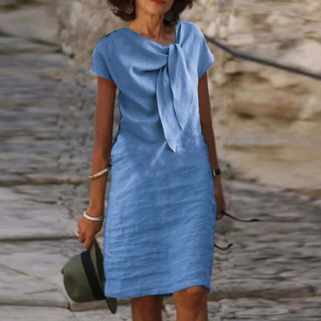 Celeste | Dames Midi Jurk met Strik Hals en Korte Mouwen
