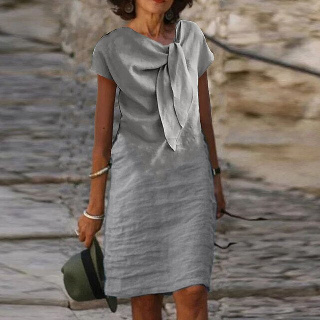 Celeste | Dames Midi Jurk met Strik Hals en Korte Mouwen