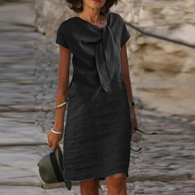 Celeste | Dames Midi Jurk met Strik Hals en Korte Mouwen