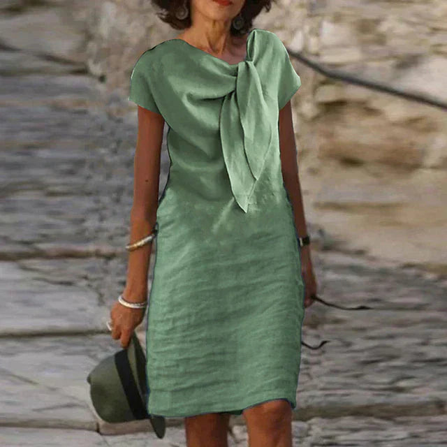 Celeste | Dames Midi Jurk met Strik Hals en Korte Mouwen