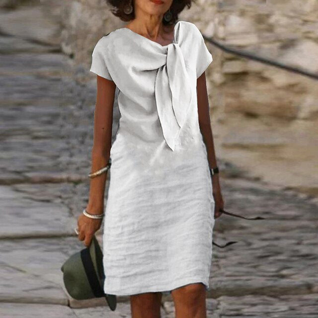 Celeste | Dames Midi Jurk met Strik Hals en Korte Mouwen