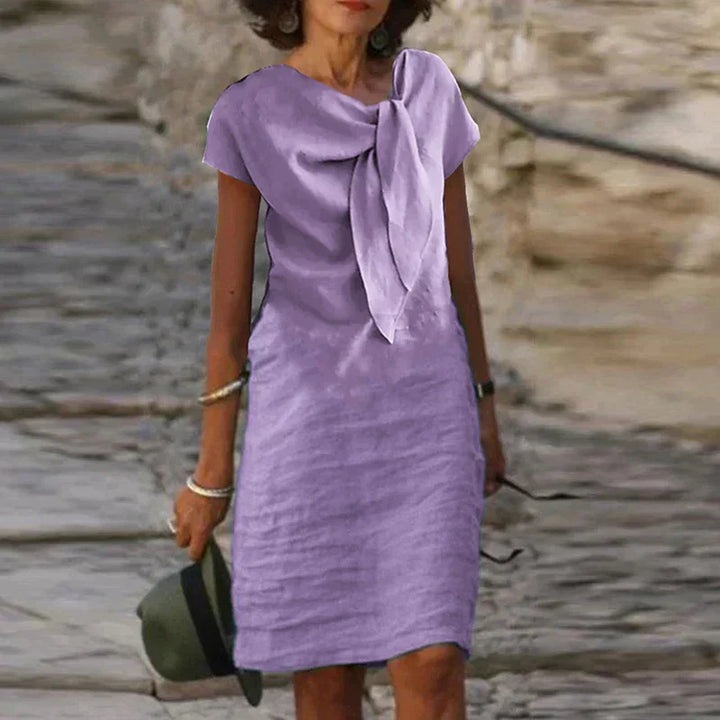 Celeste | Dames Midi Jurk met Strik Hals en Korte Mouwen