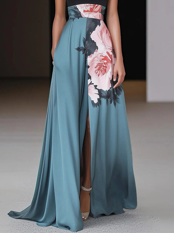 Janelle™ | Zwarte Split Bloemen Klassieke Crew Neck Mouwloze A-Lijn Maxi Jurk