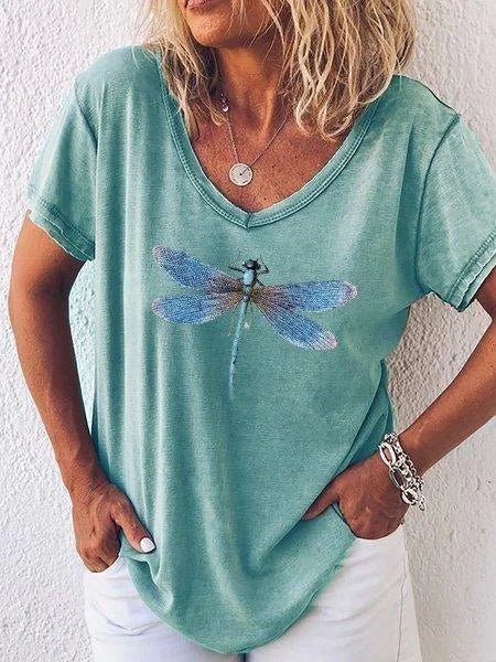 Luna | Dames T-shirt met Libelleprint en V-hals met Korte Mouwen