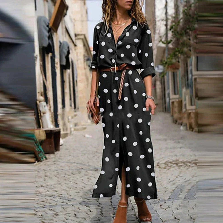 Stella | Vrouwen Polka Dot Maxi Jurk Lange Mouwen Knopen-Shirt Jurk