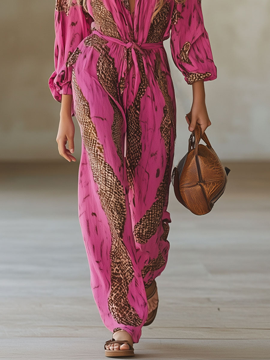 Allegra | Dames Lange Mouwen Jumpsuit met Luipaardprint