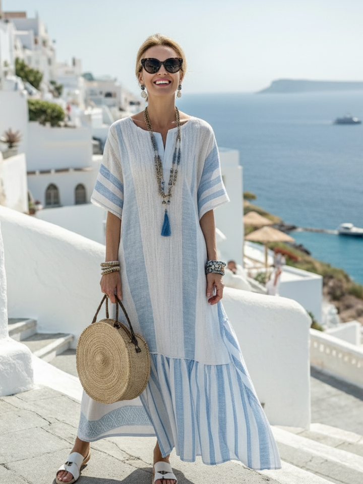 Anastasia | Dames Gestreepte Maxi Jurk met Korte Mouwen