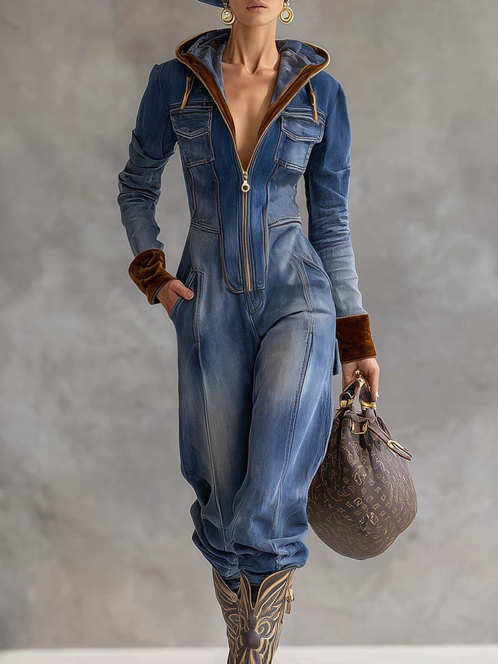 Brenna | Dames Hooded Zip Up Lange Mouwen Jumpsuit