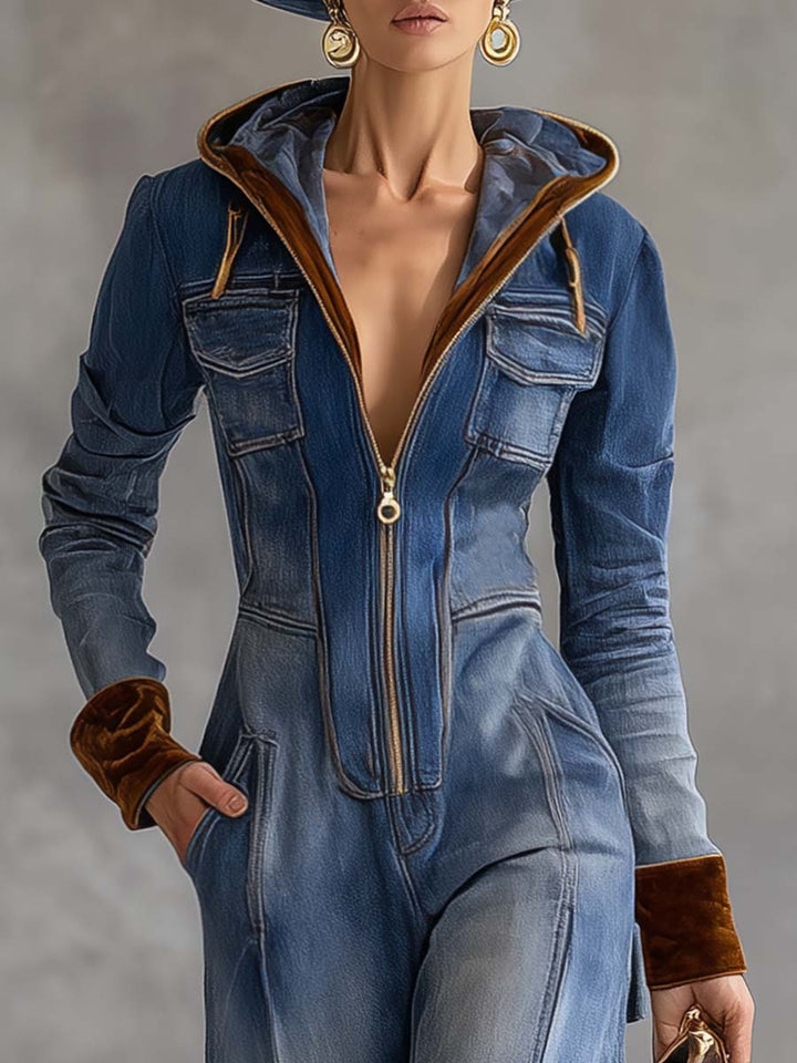 Brenna | Dames Hooded Zip Up Lange Mouwen Jumpsuit