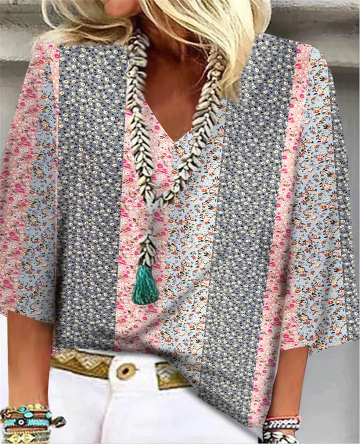 Mozaïek | Dames Ditsy Bloemen Patchwork V-Hals 3/4 Mouwen Top