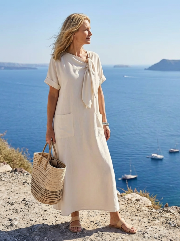 Catalina | Dames Ronde Hals Pocket Maxi Jurk