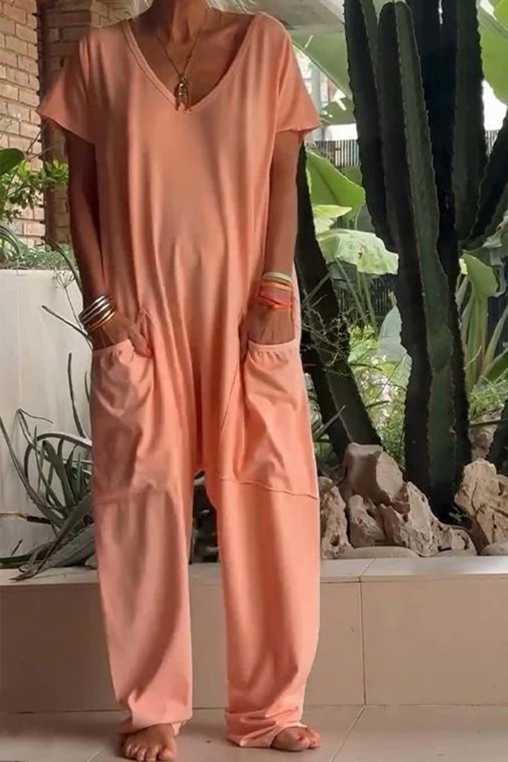 Celeste | Dames V-Hals Korte Mouw Brede Pijpen Jumpsuit