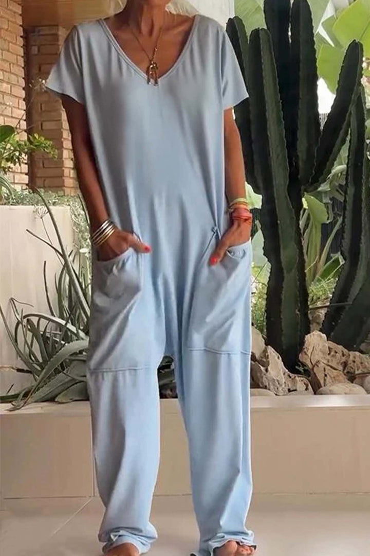 Celeste | Dames V-Hals Korte Mouw Brede Pijpen Jumpsuit