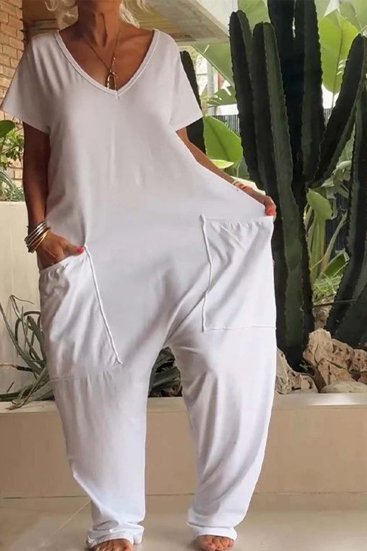 Celeste | Dames V-Hals Korte Mouw Brede Pijpen Jumpsuit