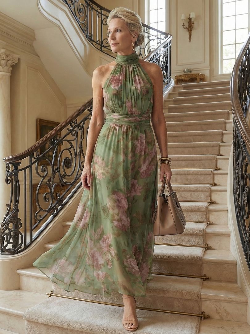 Colette | Dames Bloemen Halter Midi Jurk