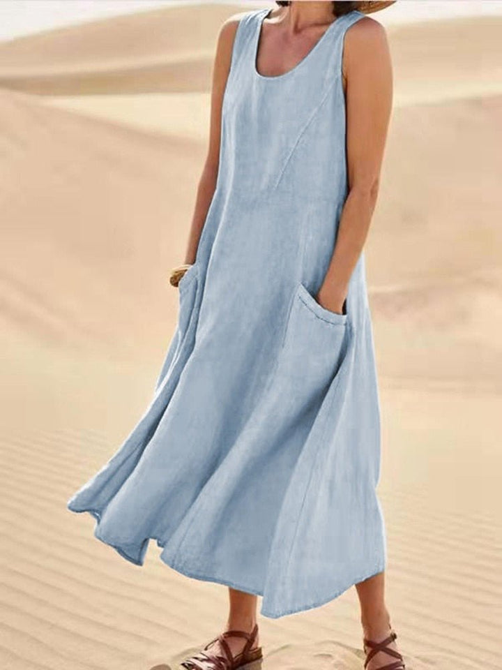 Sage | Dames Casual Mouwloos Maxi Jurk Scoop Hals Met Zakken