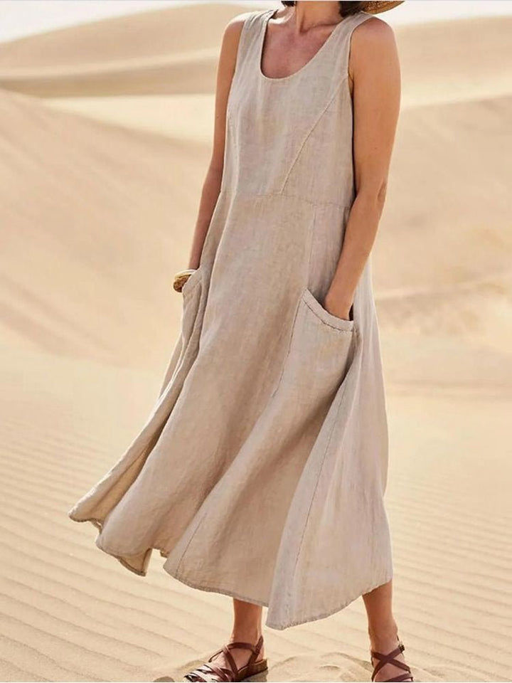 Sage | Dames Casual Mouwloos Maxi Jurk Scoop Hals Met Zakken