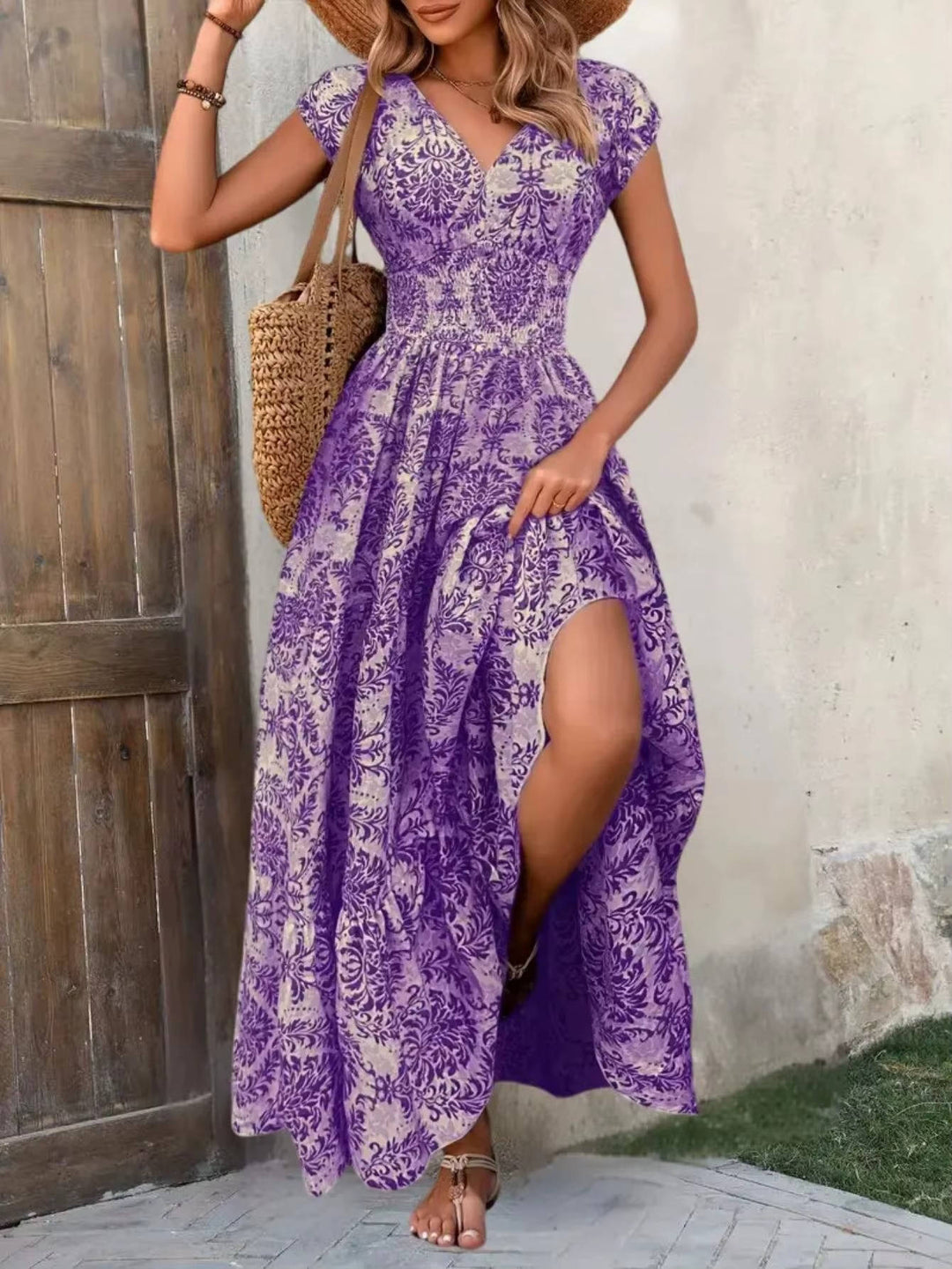 Sienna | Dames Smocked Boho Print Tiered Maxi Jurk