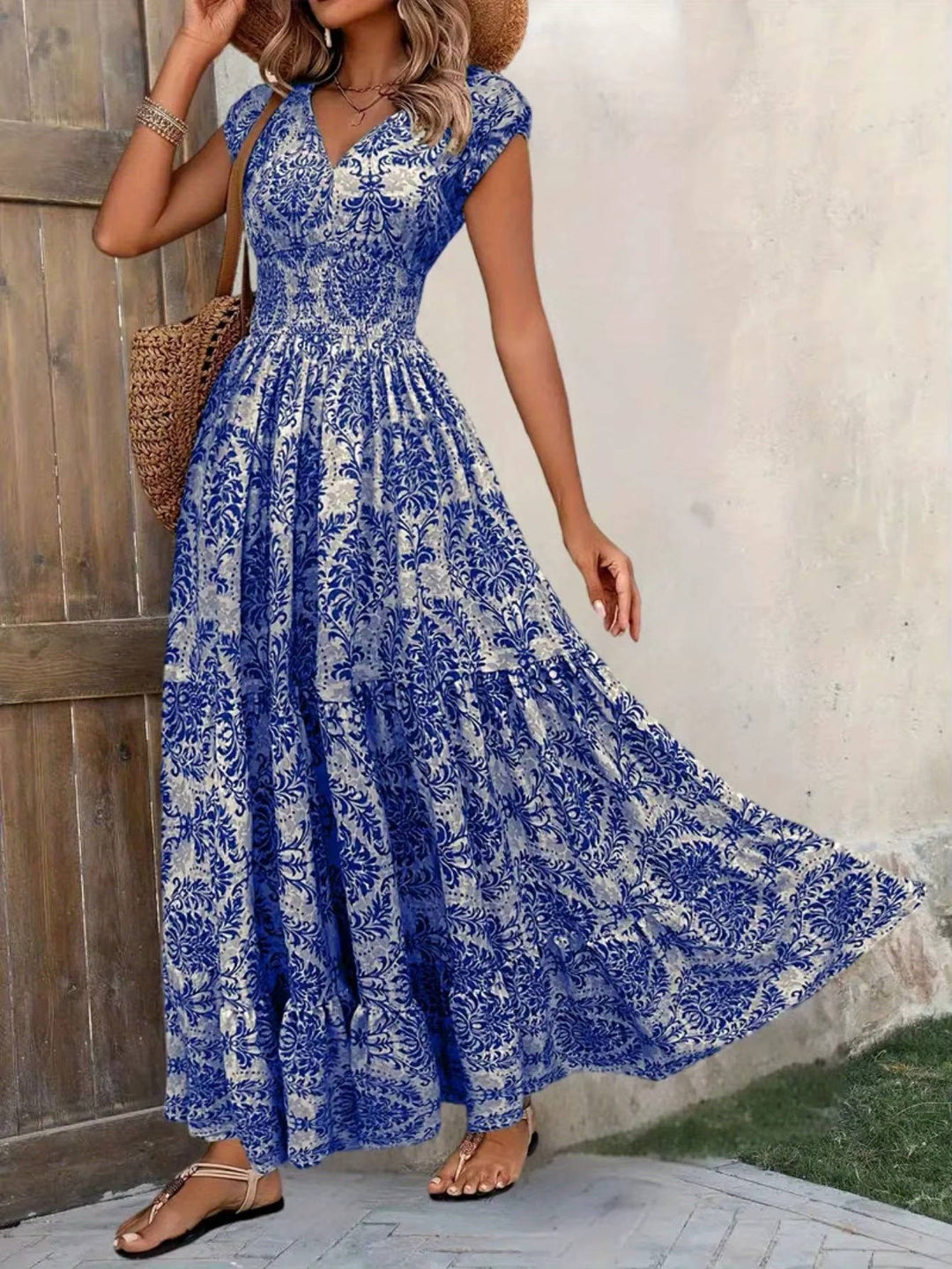 Sienna | Dames Smocked Boho Print Tiered Maxi Jurk