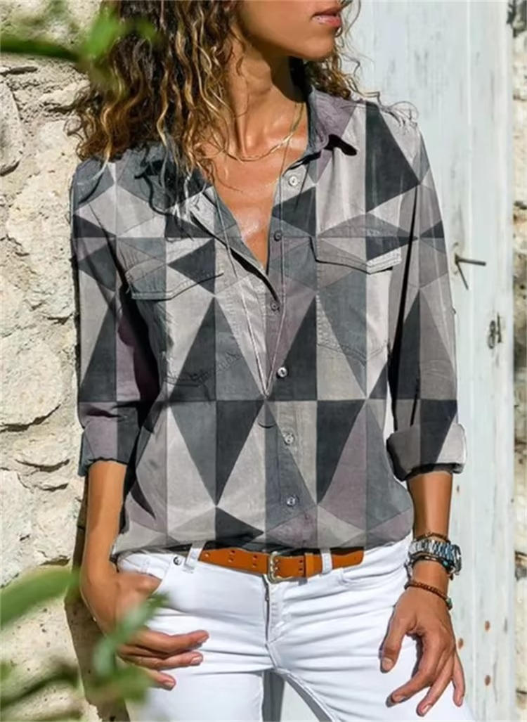 Petra | Dames Geometrische Print Lange Mouwen Overhemd met Knopen