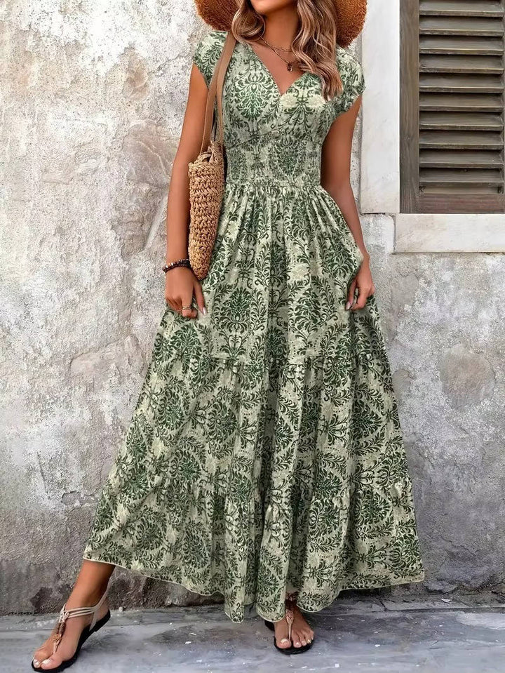 Sienna | Dames Smocked Boho Print Tiered Maxi Jurk