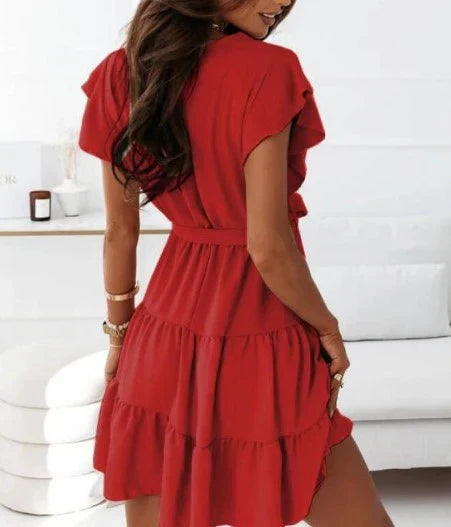Blossom | Vrouwen Wrap Mini Jurk Met Flutter Mouwen Ruffle Ceintuur