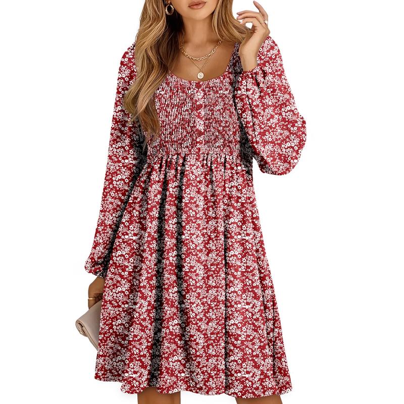 Herfst | Dames Smocked Empire Taille Lange Mouw Mini Jurk