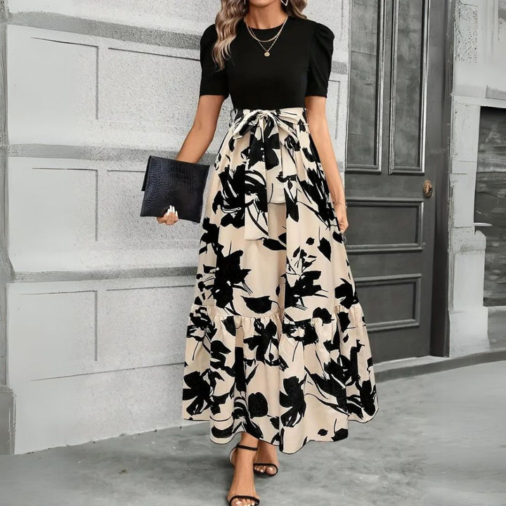 Elise | Dames Maxi-jurk met Pofmouwen en Bloemenprint met Strik Taille