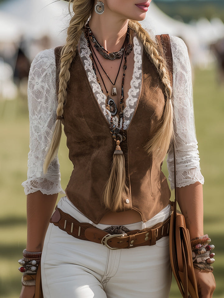Elowen | Dames Western Kanten Blouse met Lange Mouwen