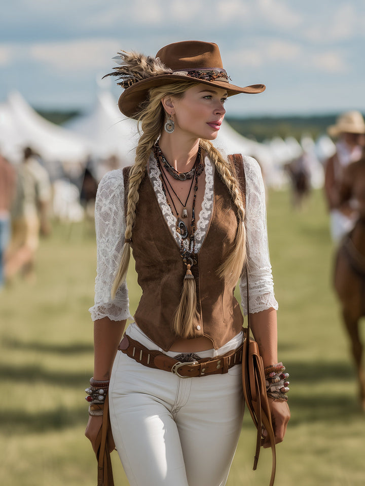 Elowen | Dames Western Kanten Blouse met Lange Mouwen