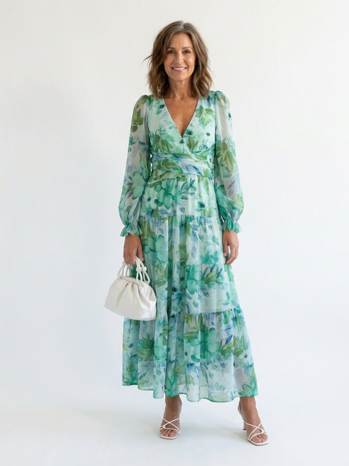 Emilia | Dames V-Hals Lange Mouw Bloemen Maxi Jurk