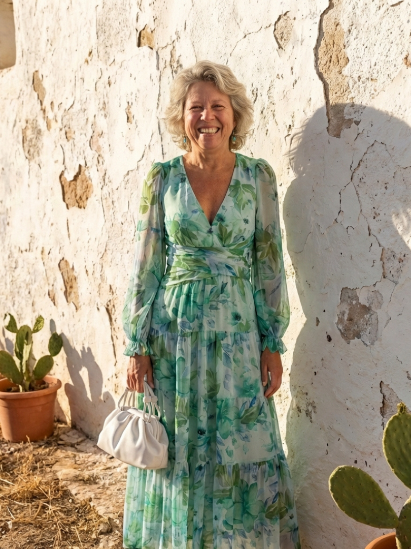 Emilia | Dames V-Hals Lange Mouw Bloemen Maxi Jurk