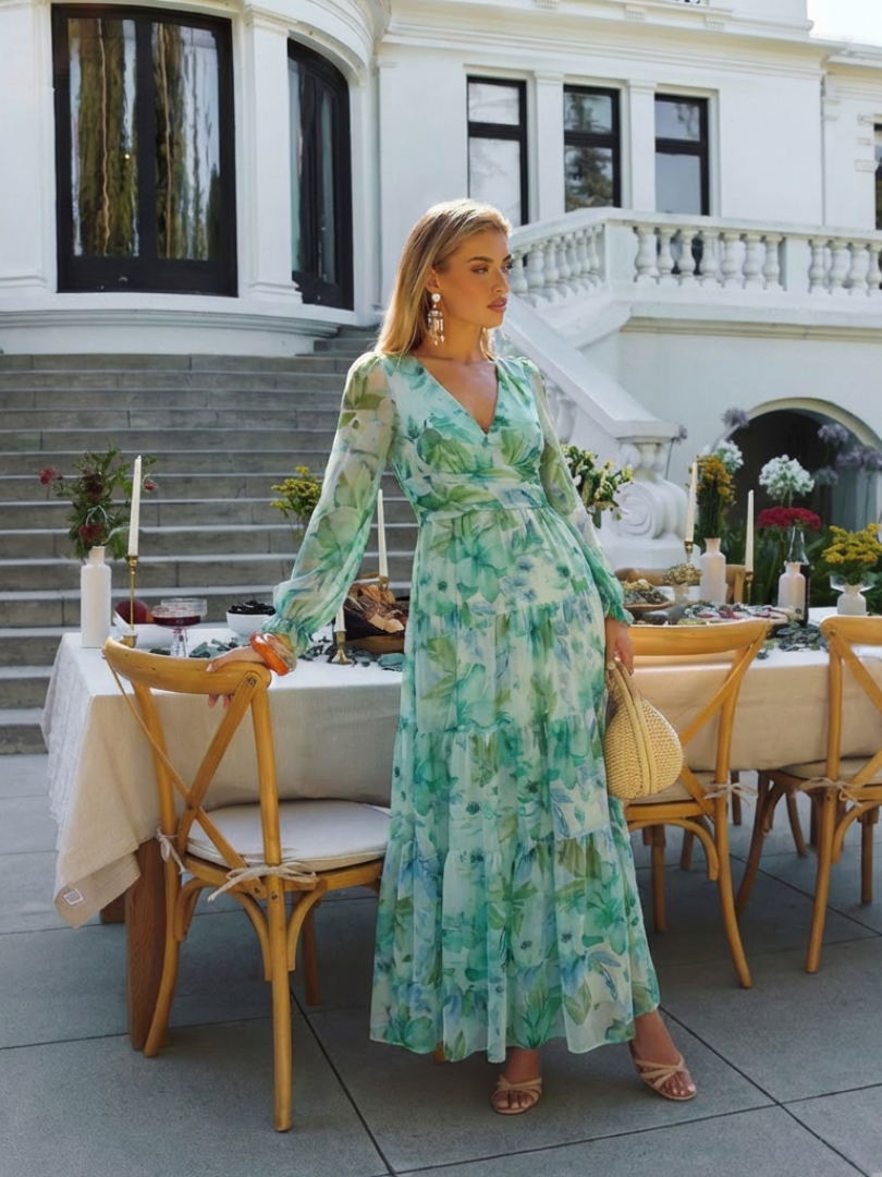Emilia | Dames V-Hals Lange Mouw Bloemen Maxi Jurk