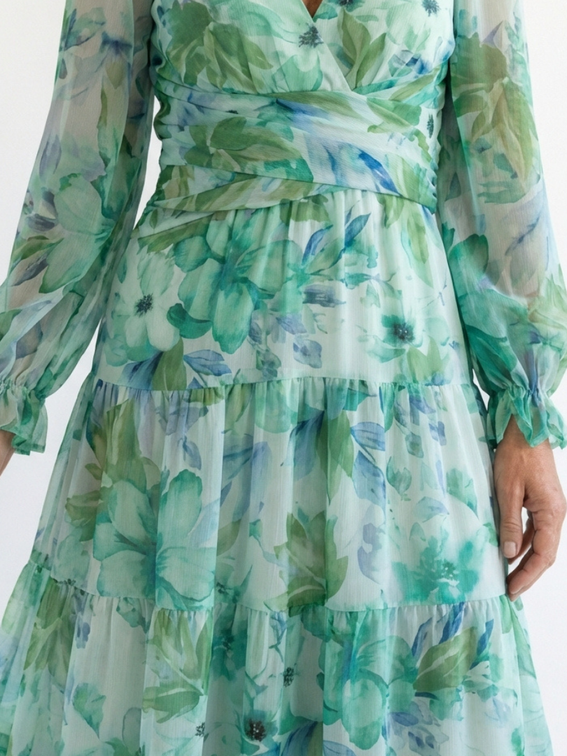 Emilia | Dames V-Hals Lange Mouw Bloemen Maxi Jurk