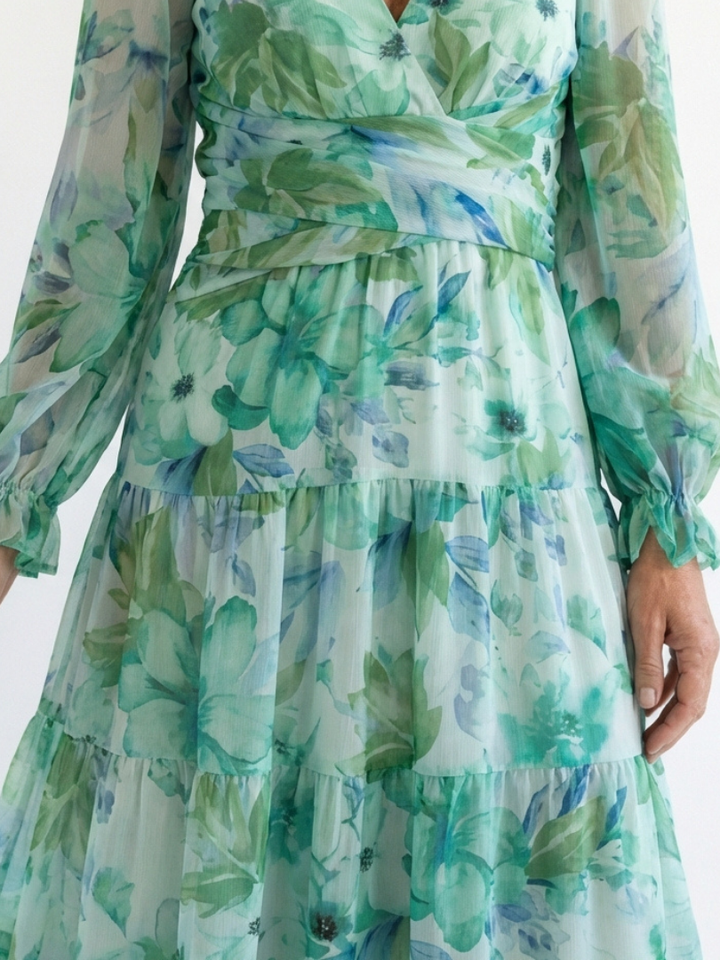 Emilia | Dames V-Hals Lange Mouw Bloemen Maxi Jurk