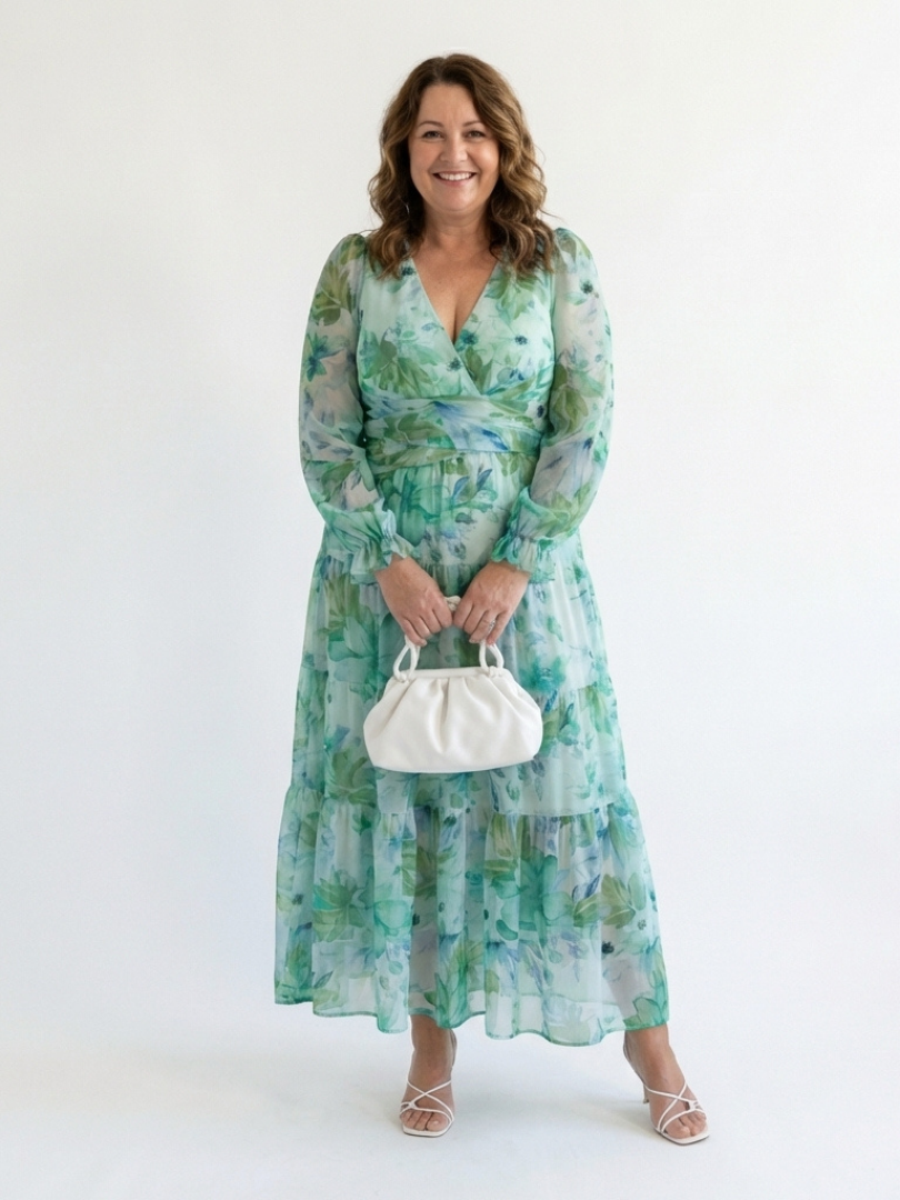 Emilia | Dames V-Hals Lange Mouw Bloemen Maxi Jurk