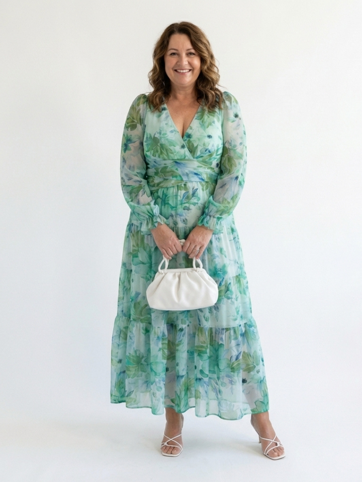 Emilia | Dames V-Hals Lange Mouw Bloemen Maxi Jurk