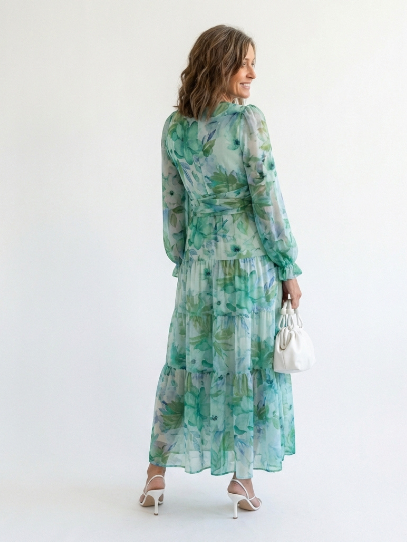 Emilia | Dames V-Hals Lange Mouw Bloemen Maxi Jurk