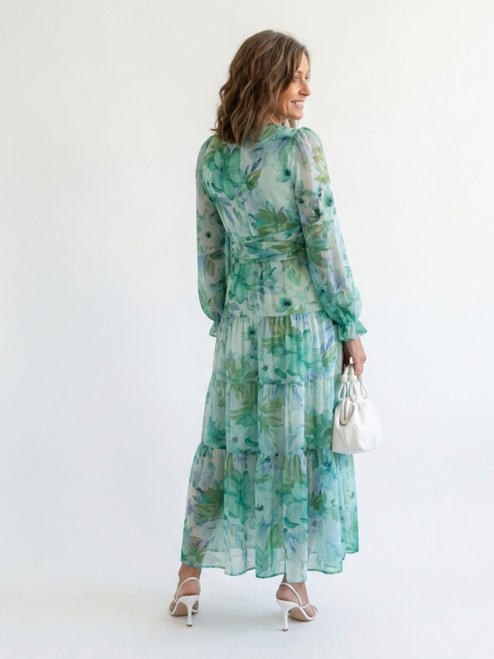Emilia | Dames V-Hals Lange Mouw Bloemen Maxi Jurk