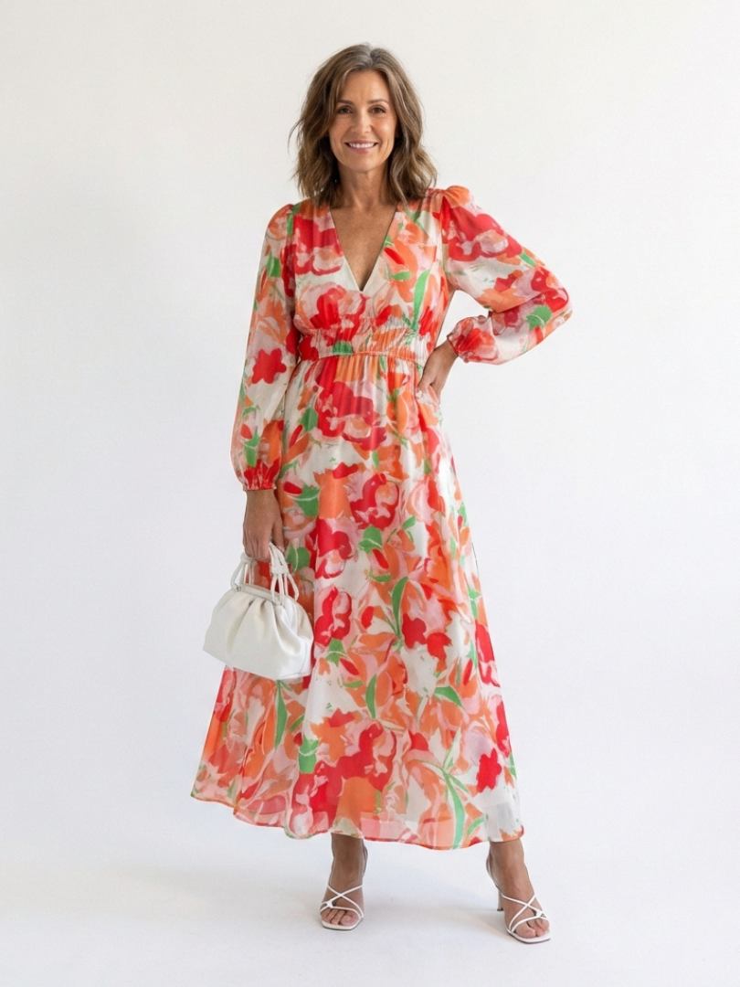 Emilia | Dames V-Hals Lange Mouw Bloemen Maxi Jurk