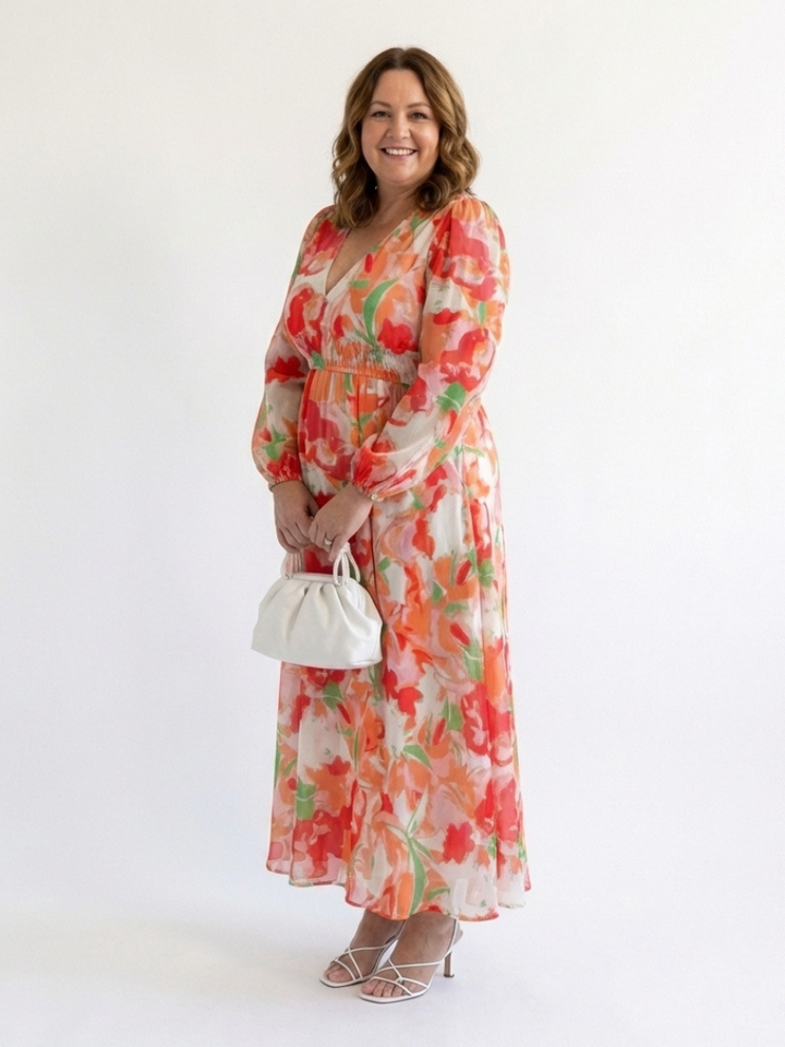 Emilia | Dames V-Hals Lange Mouw Bloemen Maxi Jurk