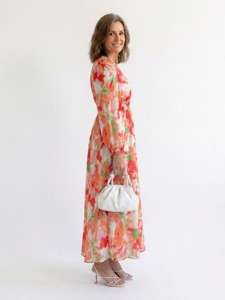 Emilia | Dames V-Hals Lange Mouw Bloemen Maxi Jurk